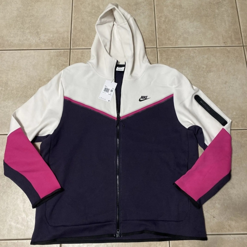 New Nike Sportswear Tech Men's 2XL Rare White Fusia Pink Fleece Hoodie